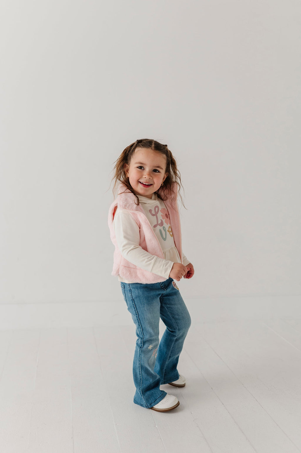 Girls Flare Denim Jeans in Mid Blue Wash
